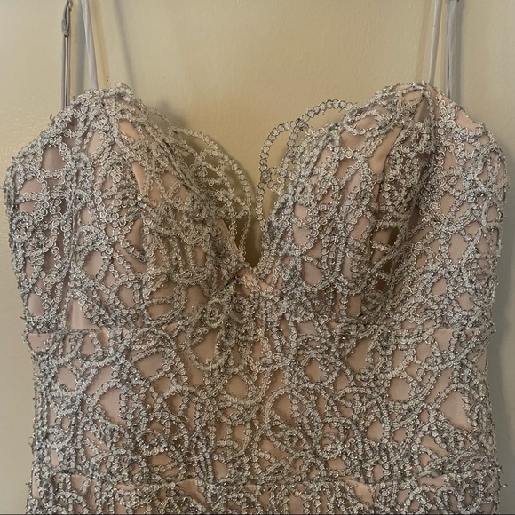 B.Darlin Silver Lace Overlay Prom Dress - Picture 4 of 9